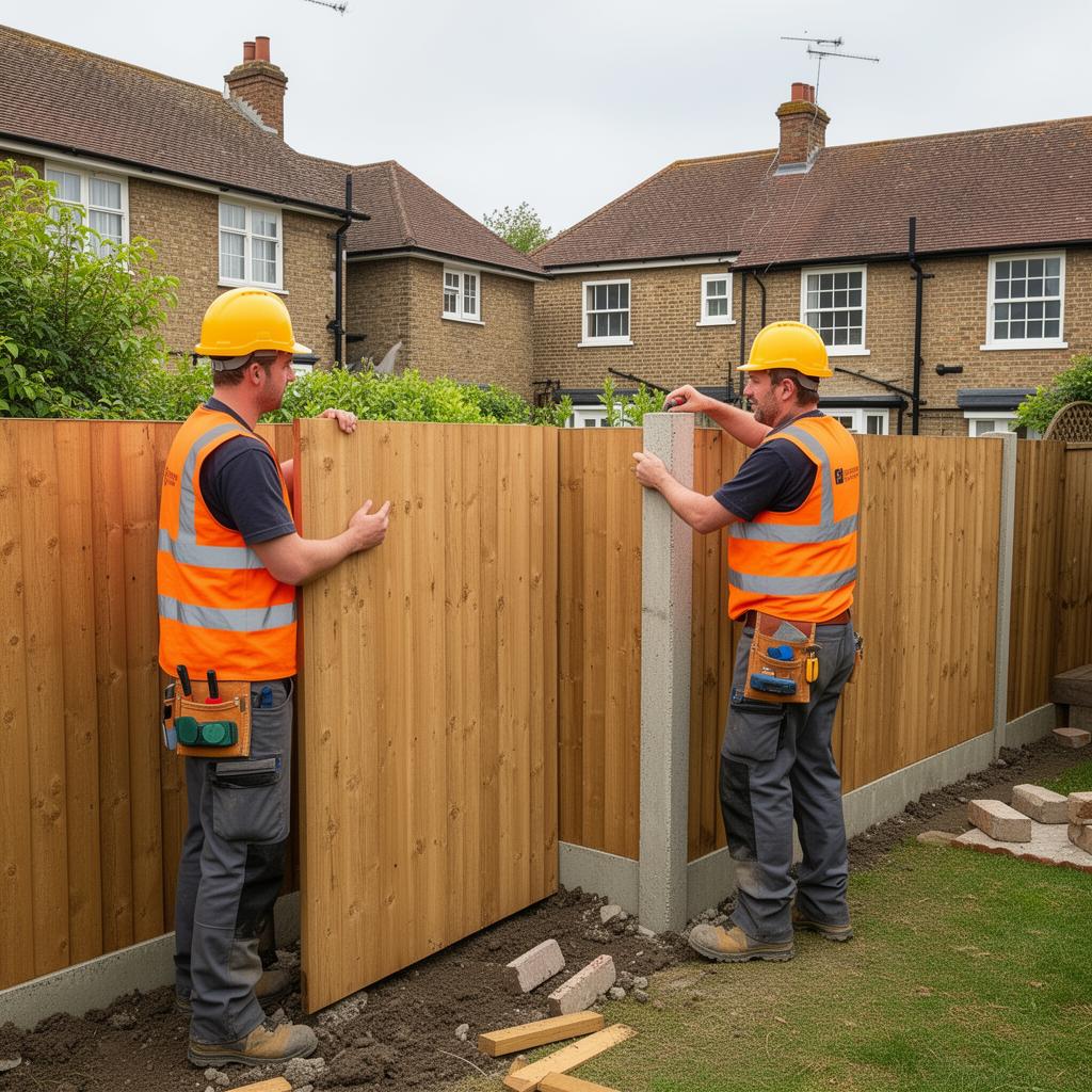 Two professional workers installing a fence